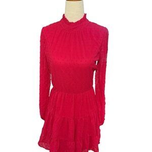 Elegant Cottagecore‎ Polka Dots Red Long Sleeve Mini Dress Size S